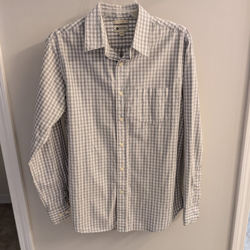 Haggar Fitted Dress Shirt - White Checkered - Medium